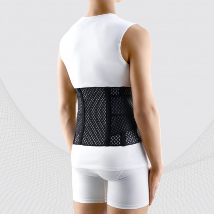 Medical elastic lumbar fixation corset from breathable and durable material with stiff inserts and straps for regulating compression. AIR