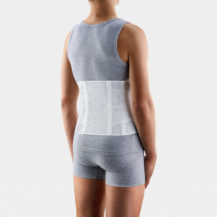 Medical elastic lumbar fixation corset from breathable and durable material with stiff inserts and straps for regulating compression. AIR