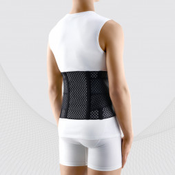 Medical elastic lumbar fixation corset from breathable and durable material with stiff inserts and straps for regulating compression. AIR