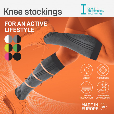 Compression knee stockings for sport and active lifestyle, unisex. Active