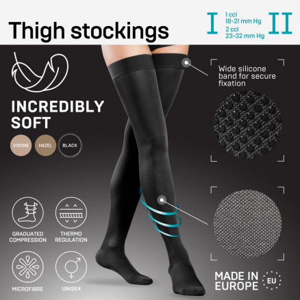 Elastic medical compression thigh stockings, especially soft, unisex. Soft