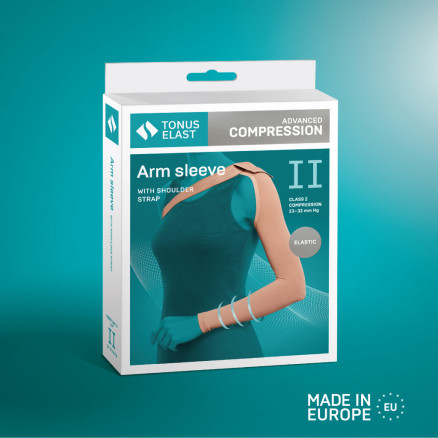 Medical compression arm sleeve with shoulder strap. LUX