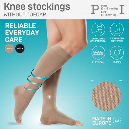 Medical compression knee stockings without toecap, unisex