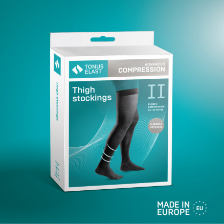 Medical compression thigh stockings with toecap, unisex. LUX