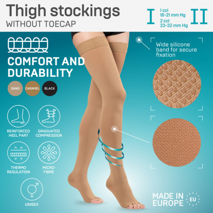 Medical compression thigh stockings without toecap, unisex. LUX