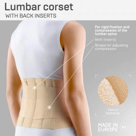 Corset de fixation lombaire élastique médicale avec inserts et sangles rigides pour réguler la compression.