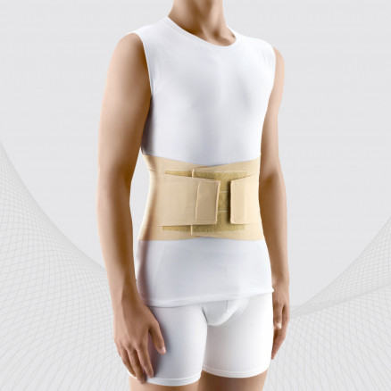 Corset de fixation lombaire élastique médicale avec inserts et sangles rigides pour réguler la compression.