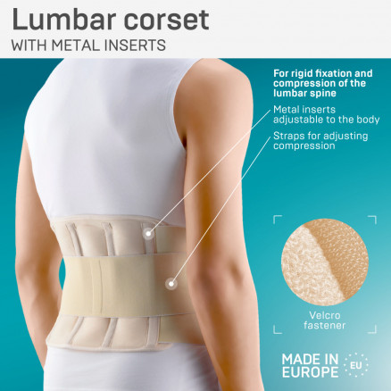 Corset de fixation lombaire élastique médicale avec inserts métalliques et sangles amovibles pour réguler la compression. LUX