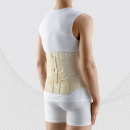 Corset de fixation lombaire élastique médicale avec inserts métalliques et sangles de réglage de la compression renforcées. Confort