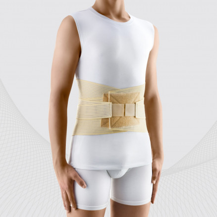 Corset de fixation lombaire élastique médicale avec inserts métalliques et sangles de réglage de la compression renforcées. Confort