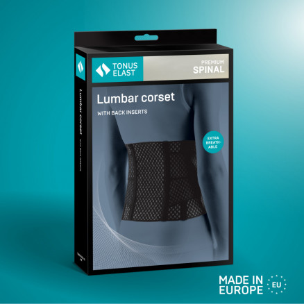 Corset de fixation lombaire élastique médicale à partir de matériaux respirables et durables avec inserts et sangles rigides pour réguler la compression. AIR