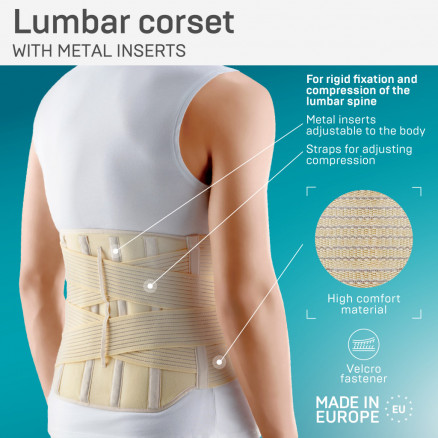 Medical elastic lumbar fixation corset with metal inserts and straps for regulating compression, reinforced. Comfort