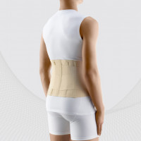 Medical elastic lumbar fixation corset with stiff inserts and straps for regulating  compression.