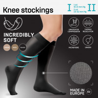 Elastic medical compression knee stockings, especially soft, unisex. Soft