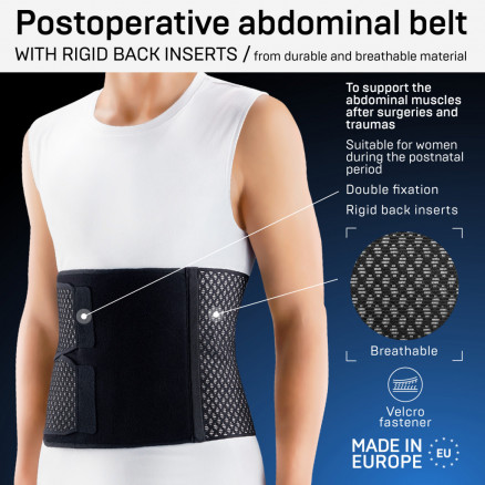 Ceinture abdominale postopératoire élastique médicale avec inserts dorsales rigides en matériau respirant et résistant, avec double fixation. AIR