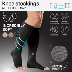 Elastic medical compression knee stockings without toecap, unisex. Soft