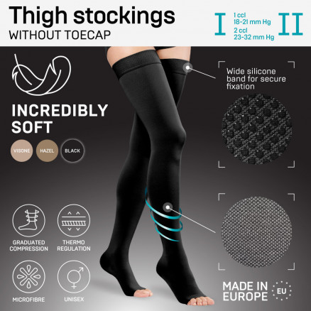 Elastinės medicininės kompresinės šlaunis dengiančios kojinės, nedengiančios kojų pirštų, tinka vyrams ir moterims. Minkštos