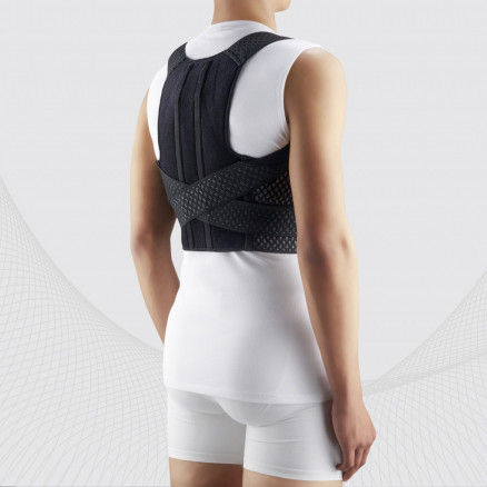 Medical elastic thoracic spine support posture corrector from breathable and durable material with metal inserts.