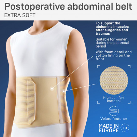 Medizinischer, elastischer Gürtel für postoperative Eingriffe, mit Schaumstoffdetails auf der Vorderseite des Gürtels. Weich